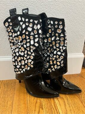 Lauren Lorraine Black Jeweled Rhinestone Croc-Patent Western Heeled Boots 9.5